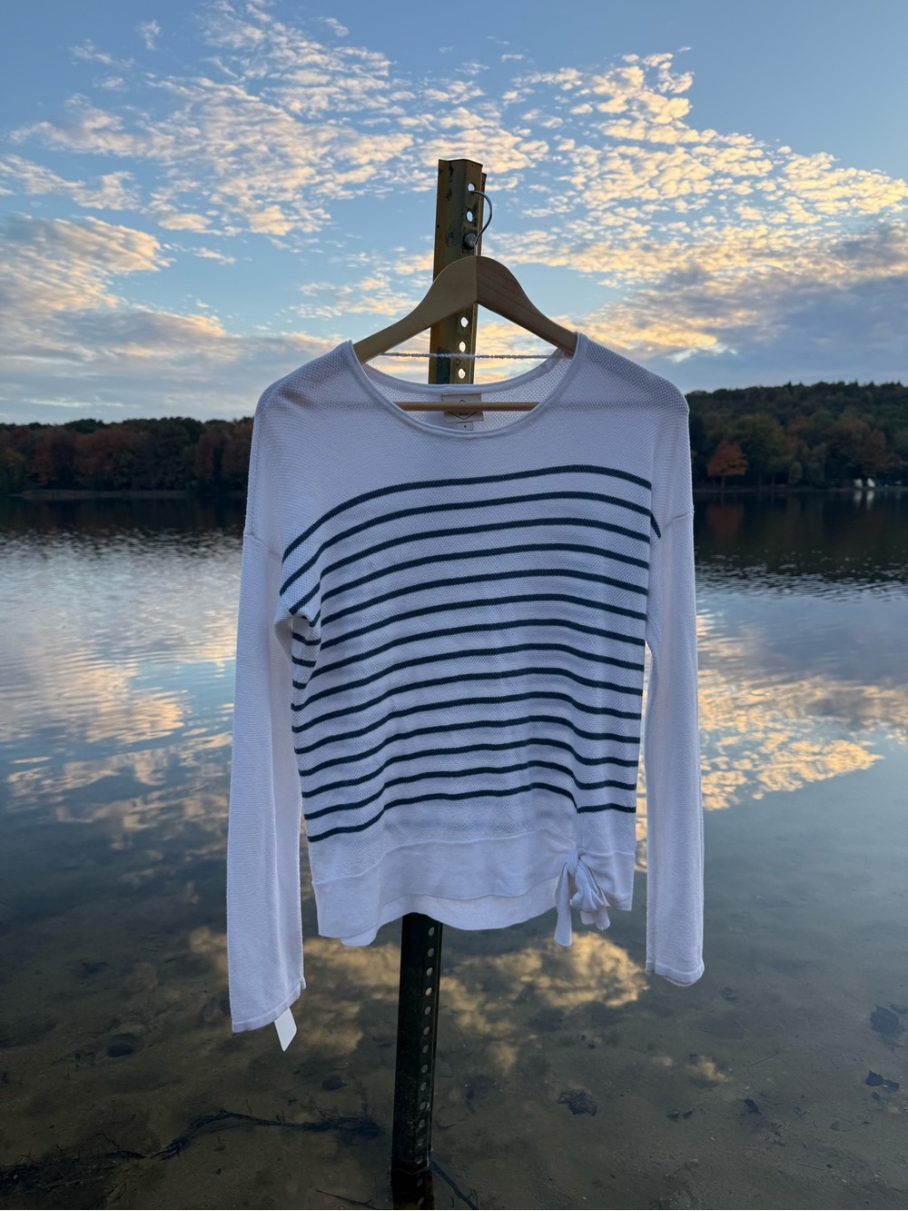 St. John's Bay White Long-Sleeve Knit Top with Navy Stripes